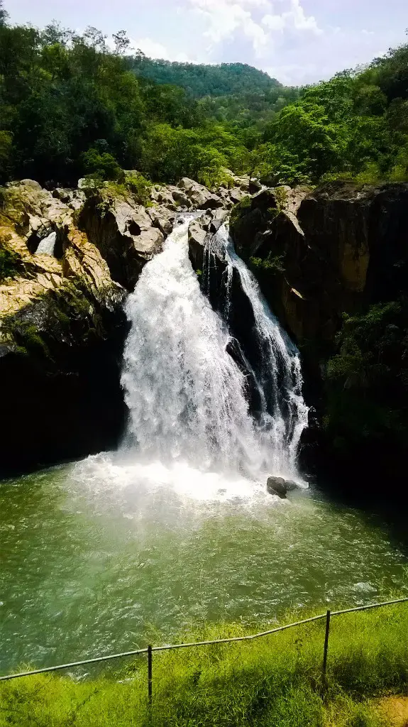 A wide view of a beautiful cascading waterfall in a lush jungle.